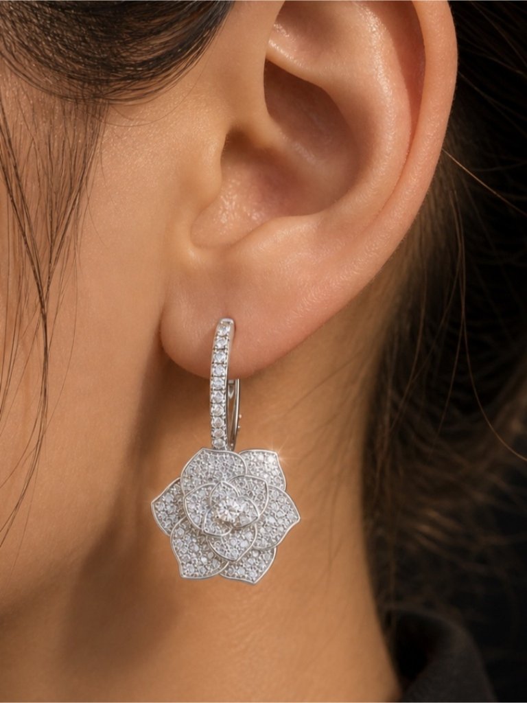 Silver Crystal Flower Drop Earrings | Pav Hoop Dangle | Elegant Statement Jewel